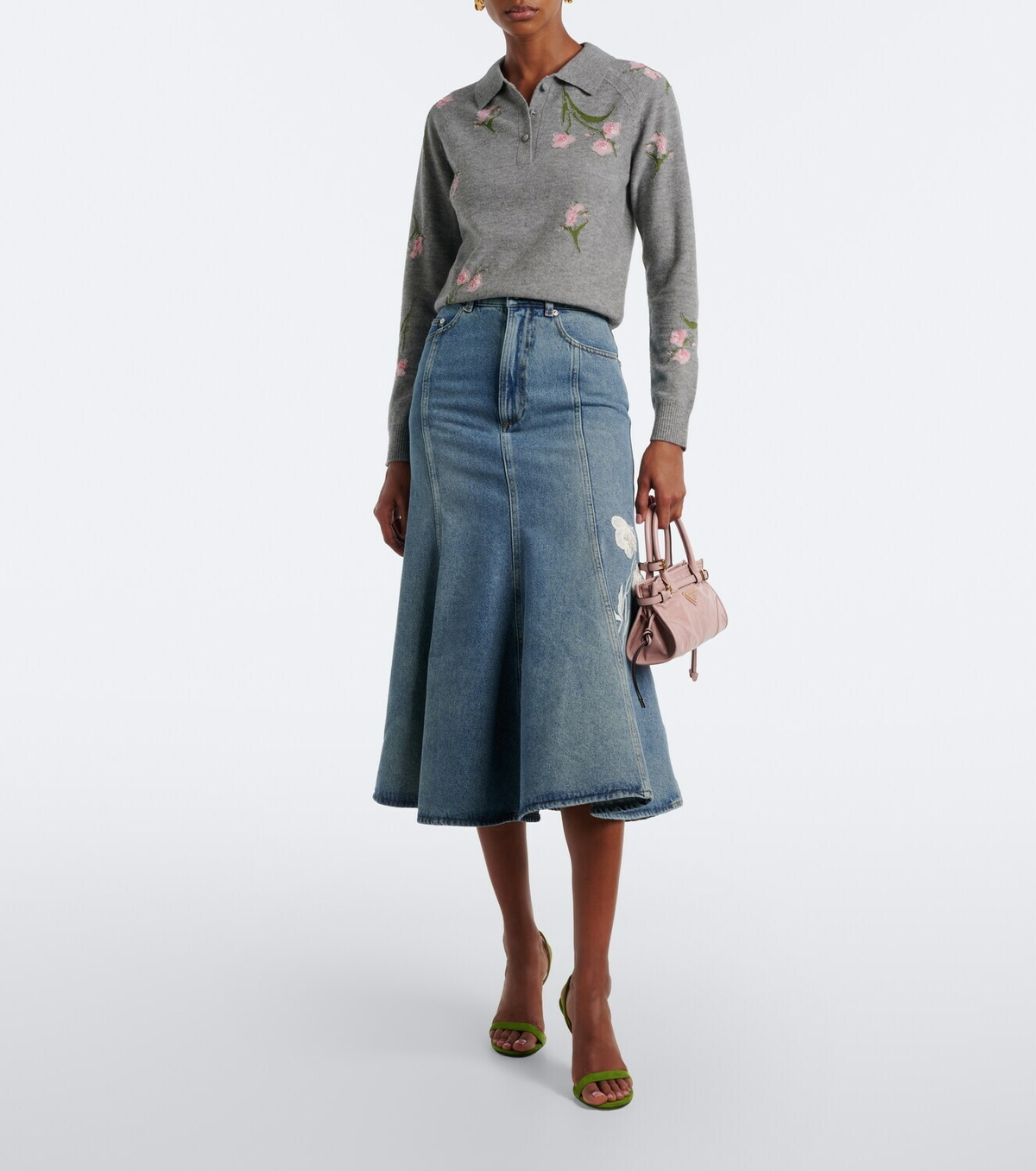 Erdem Floral-appliqué denim midi skirt