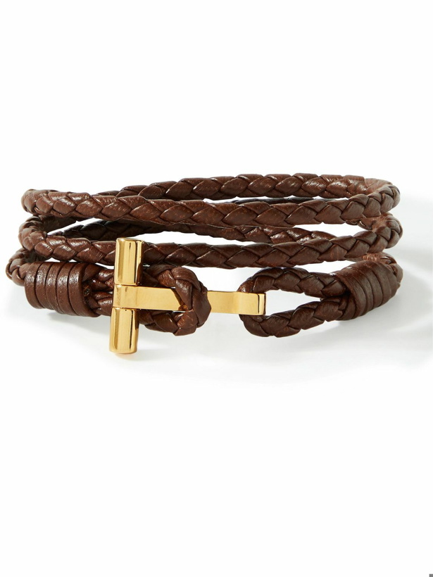 Photo: TOM FORD - Woven Leather and Gold-Plated Wrap Bracelet - Brown