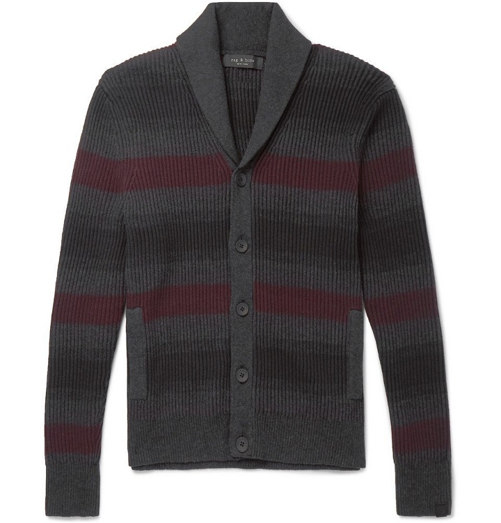 Photo: rag & bone - Shawl-Collar Striped Ribbed Cotton and Cashmere-Blend Cardigan - Gray