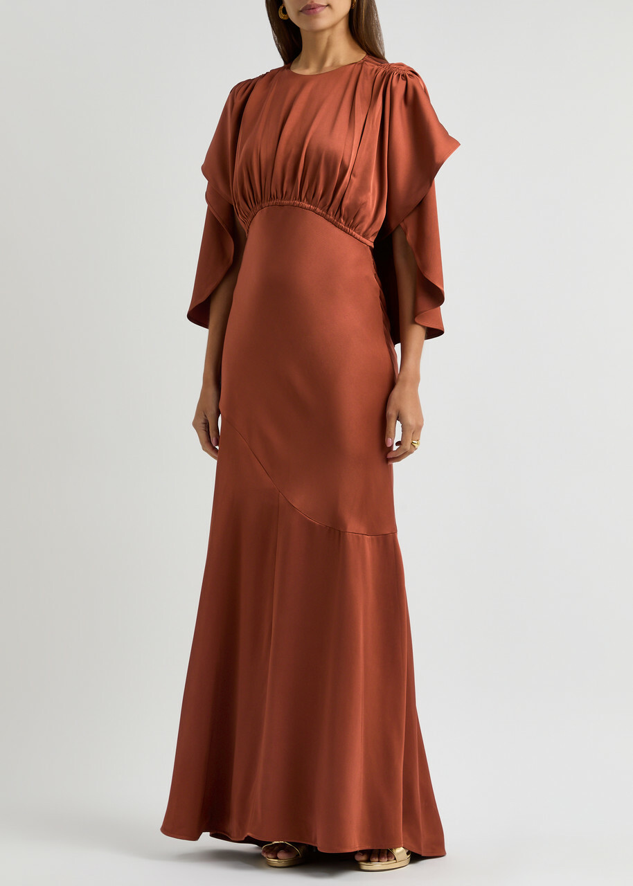 Zimmermann Eden Cascading Cape-effect Satin Maxi Dress Brown