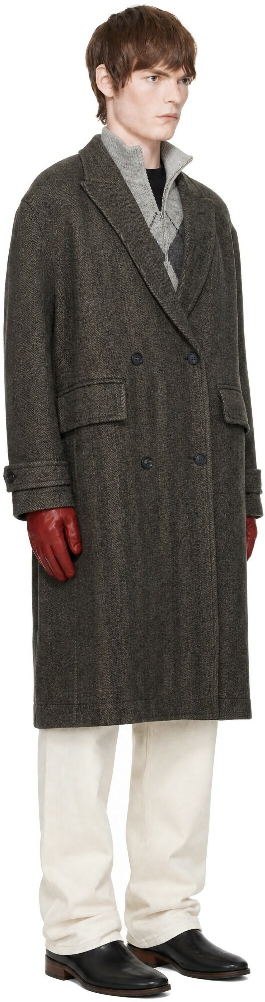 COOR Brown Classy Herringbone Twill Heavy Coat