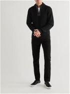 DUNHILL - Leather-Trimmed Ribbed Wool Half-Zip Sweater - Black