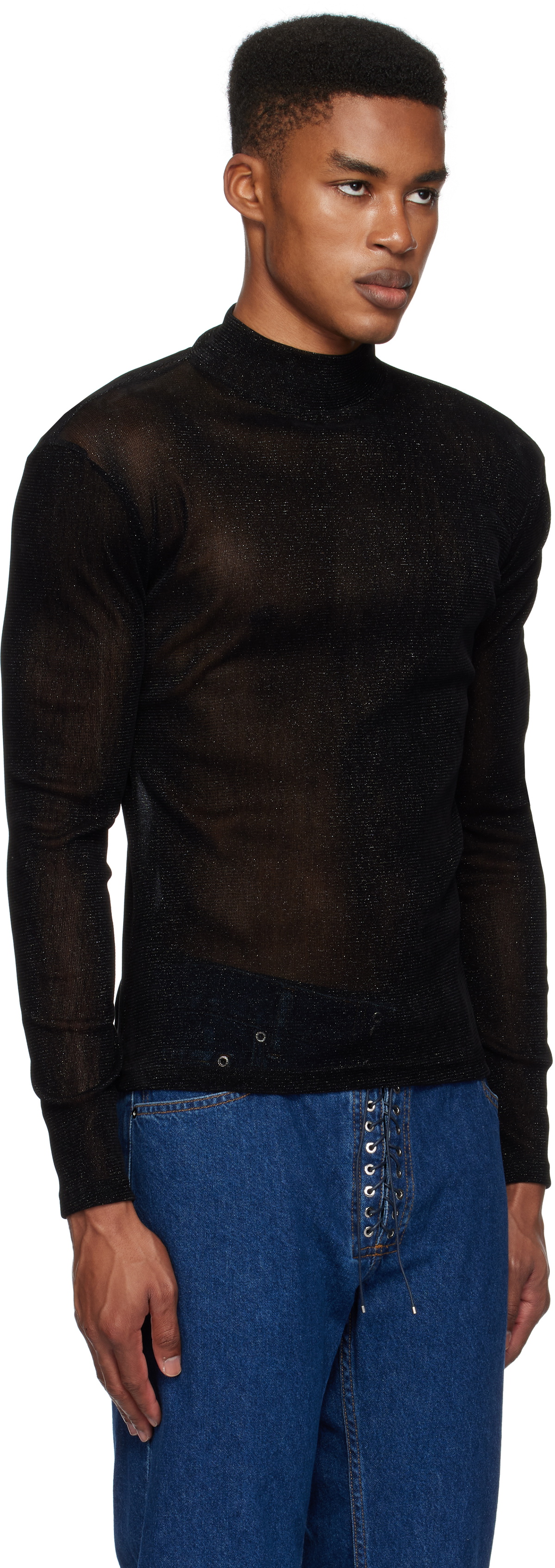 Ludovic de Saint Sernin Black Mock Neck Velvet T-shirt
