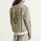 Drôle de Monsieur Men's Embroidered Flowers Patch Denim Jacket in Dusty