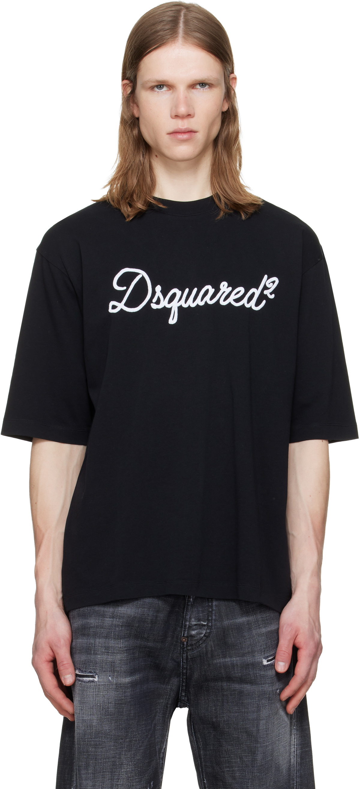 Dsquared2 Black 'Dsquared2' Embroidered Loose Fit T-shirt