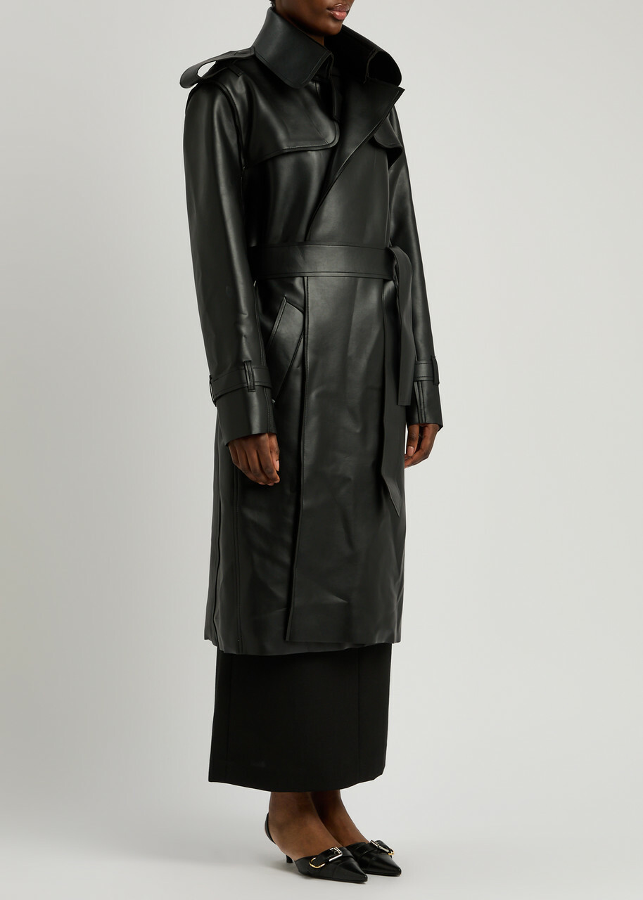 Norma Kamali Belted Faux Leather Trench Coat Black