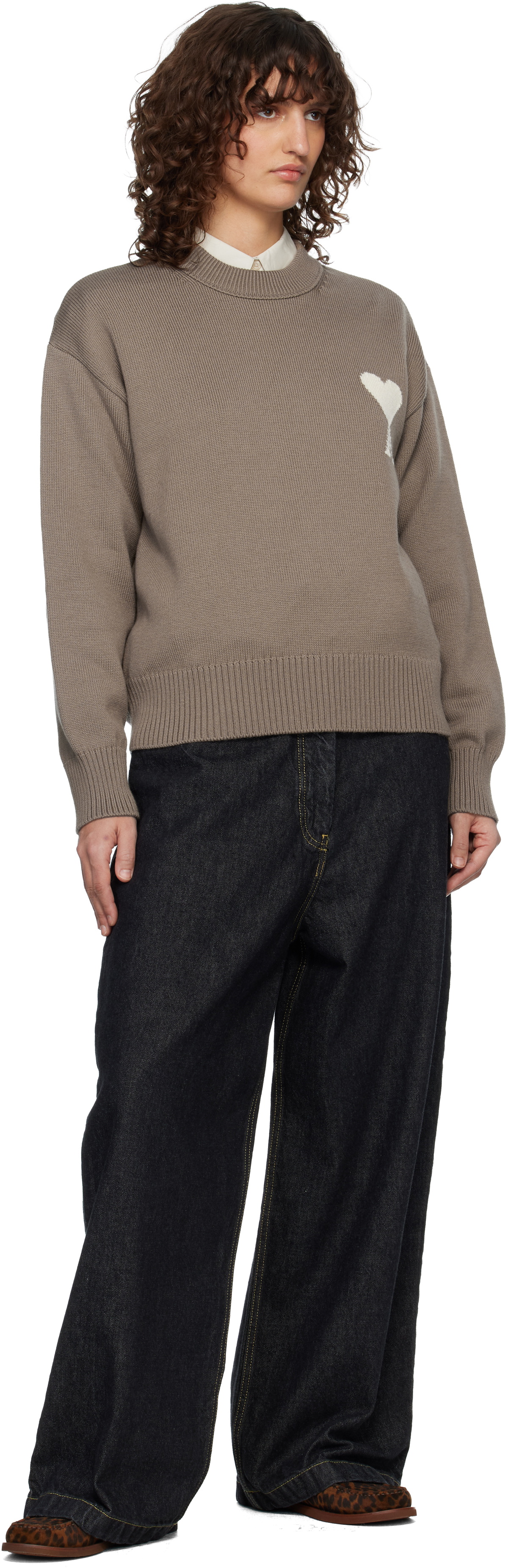 AMI Paris Taupe Wool & Cotton Crewneck Ami de Coeur Sweater
