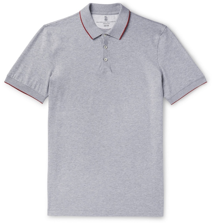 Photo: Brunello Cucinelli - Slim-Fit Contrast-Tipped Cotton-Piqué Polo Shirt - Gray
