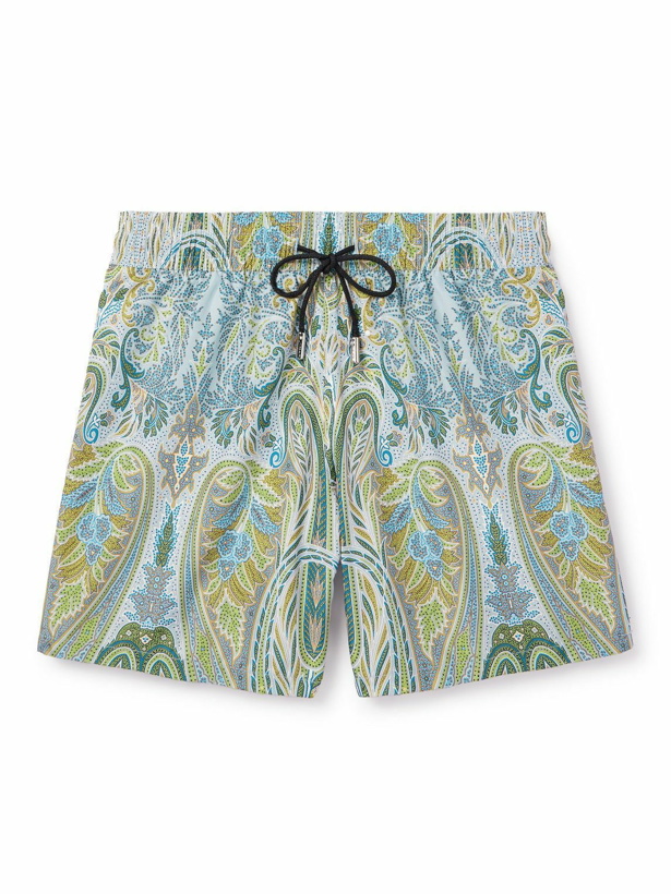 Photo: Etro - Slim-Fit Mid-Length Logo-Appliquéd Paisley-Print Swim Shorts - Blue