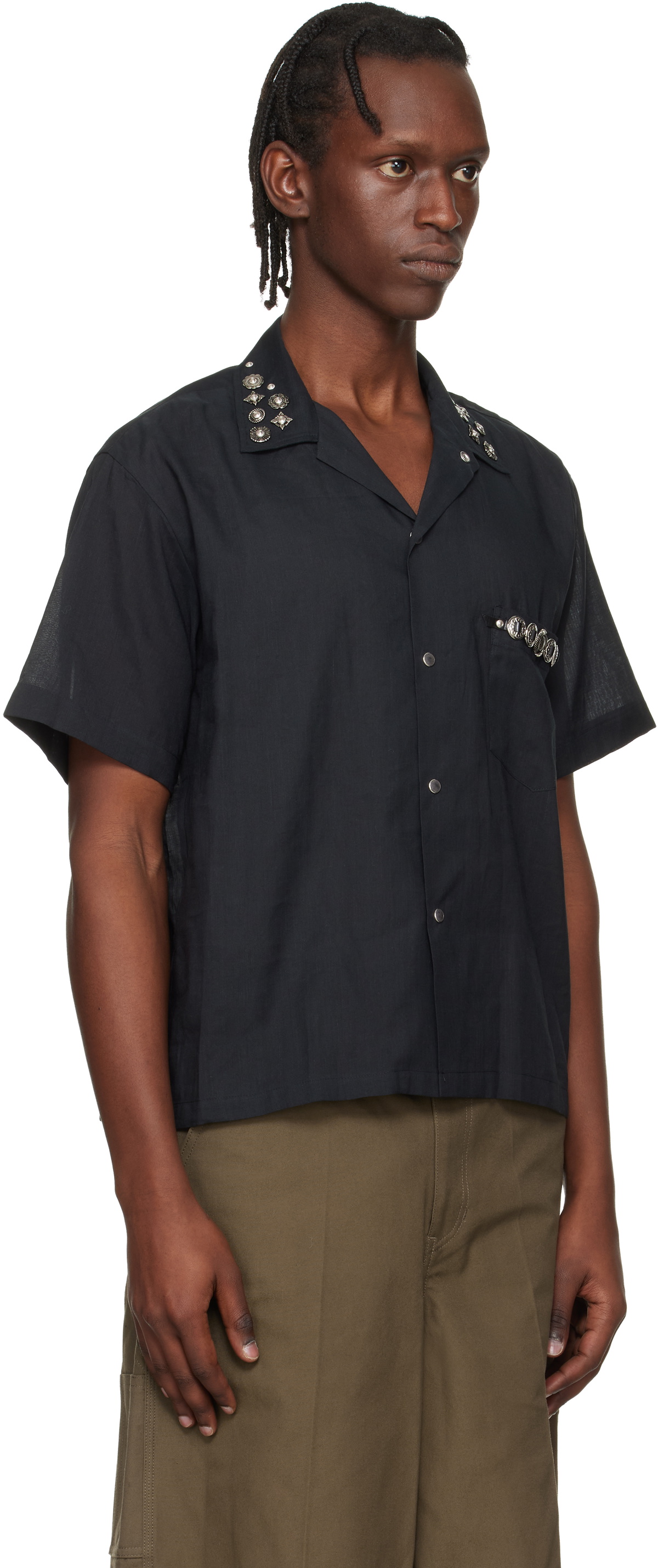 Toga Virilis Black Plain Weave Metal S/S Shirt