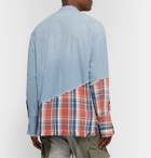 Greg Lauren - Grandad-Collar Panelled Cotton-Chambray and Checked Canvas Shirt - Blue