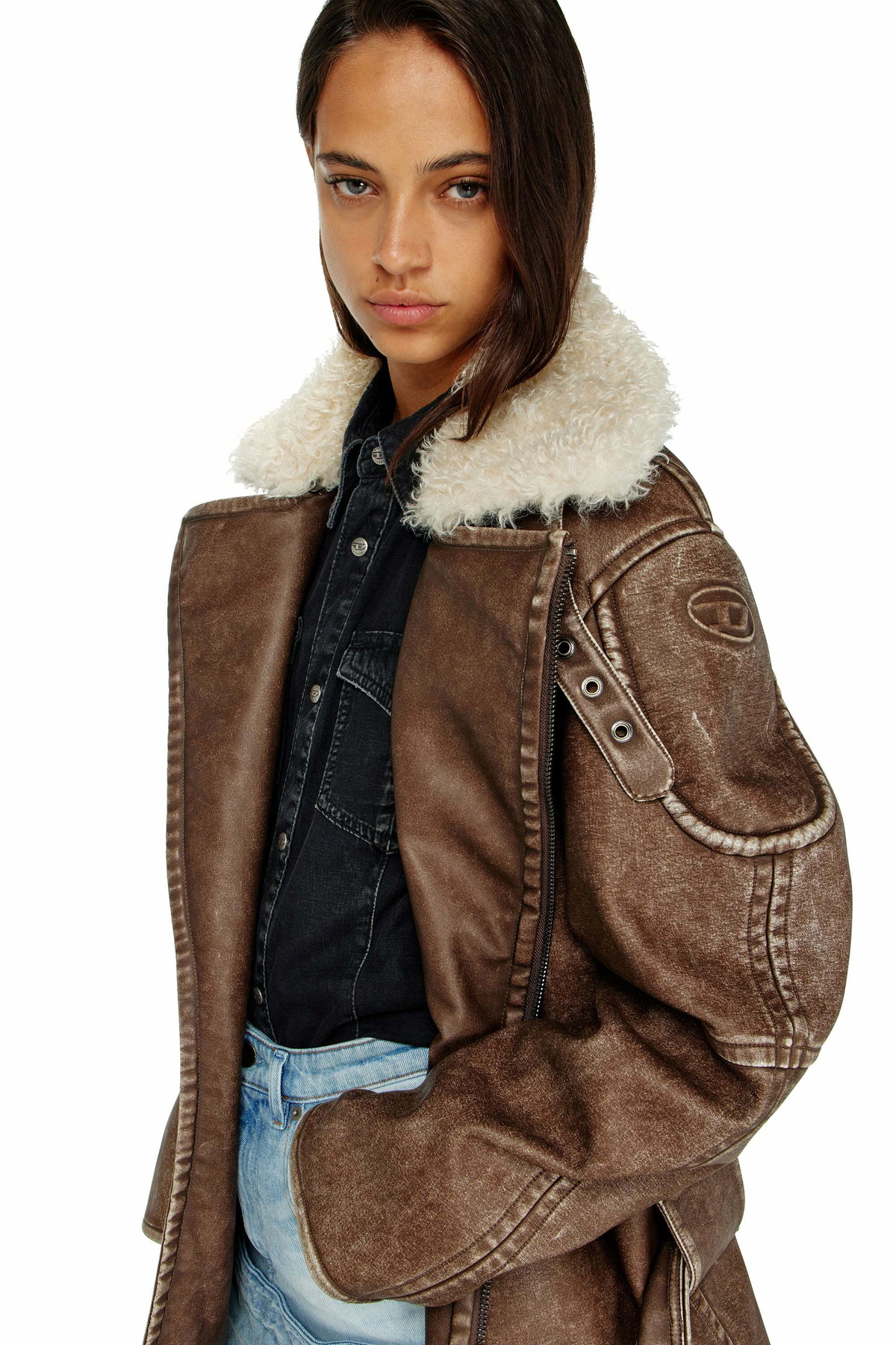 Diesel Double-breasted aviator-biker coat - Jackets Womens in Brown