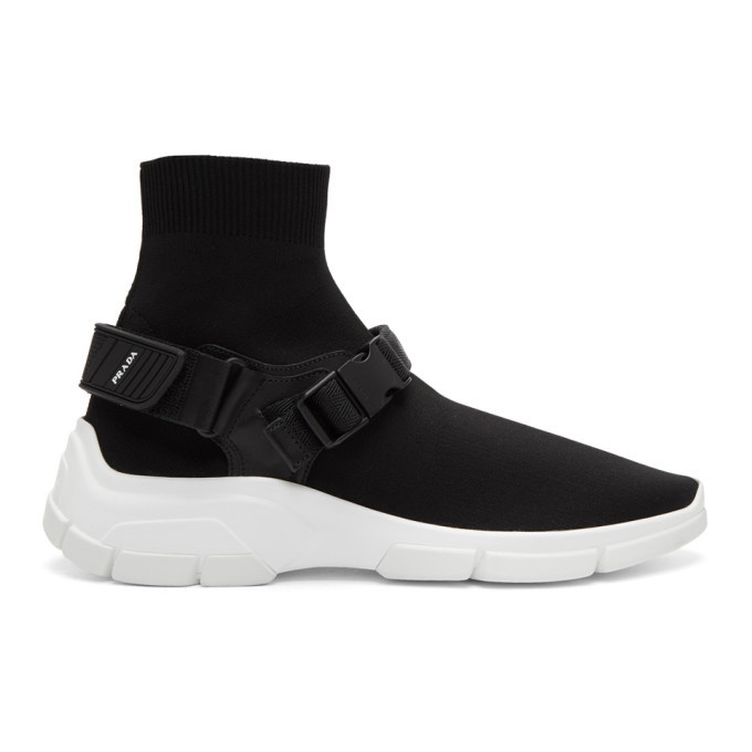 Photo: Prada Black Buckled Sock High-Top Sneakers