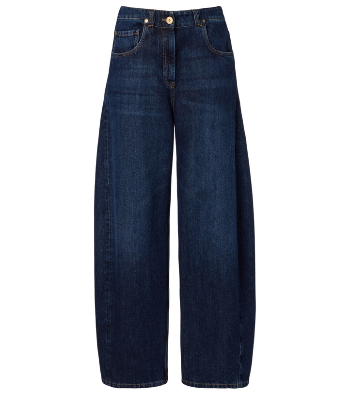 Photo: Brunello Cucinelli Leather-trimmed barrel-leg jeans