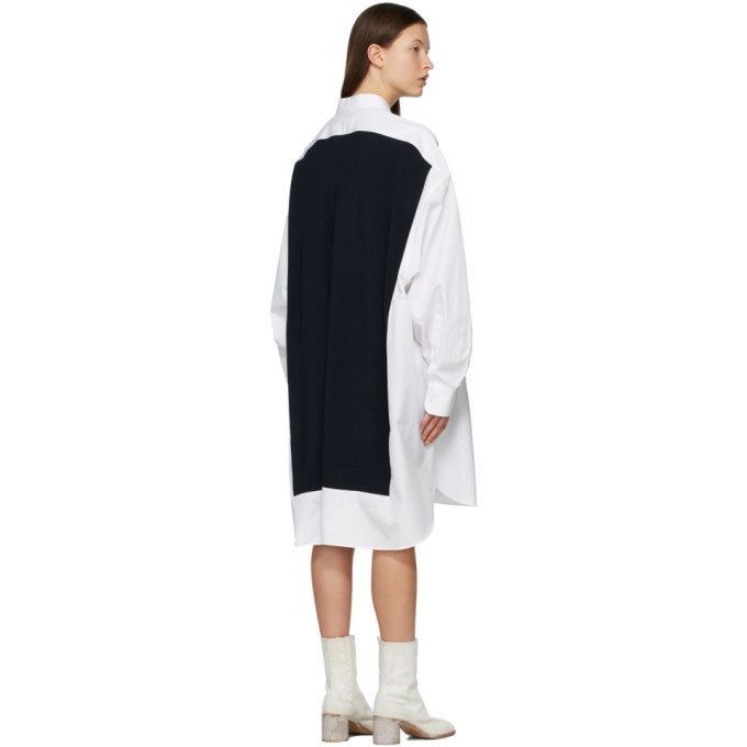 Maison Margiela White and Navy Spliced Knit Shirt Dress Maison Margiela