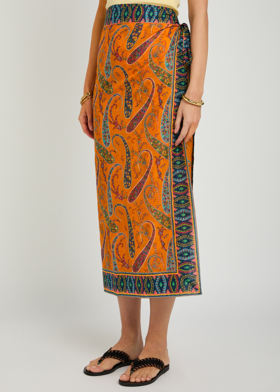 Etro Paisley-print Cotton Midi Wrap Sarong Skirt - Orange - One Size