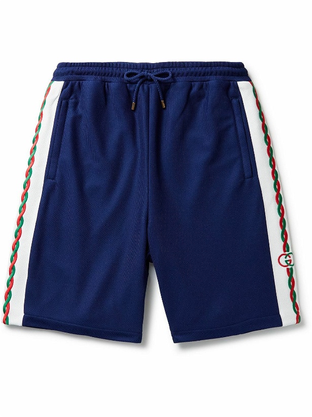 Photo: GUCCI - Straight-Leg Embroidered Striped Mesh Drawstring Shorts - Blue