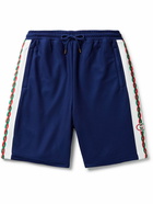 GUCCI - Straight-Leg Embroidered Striped Mesh Drawstring Shorts - Blue