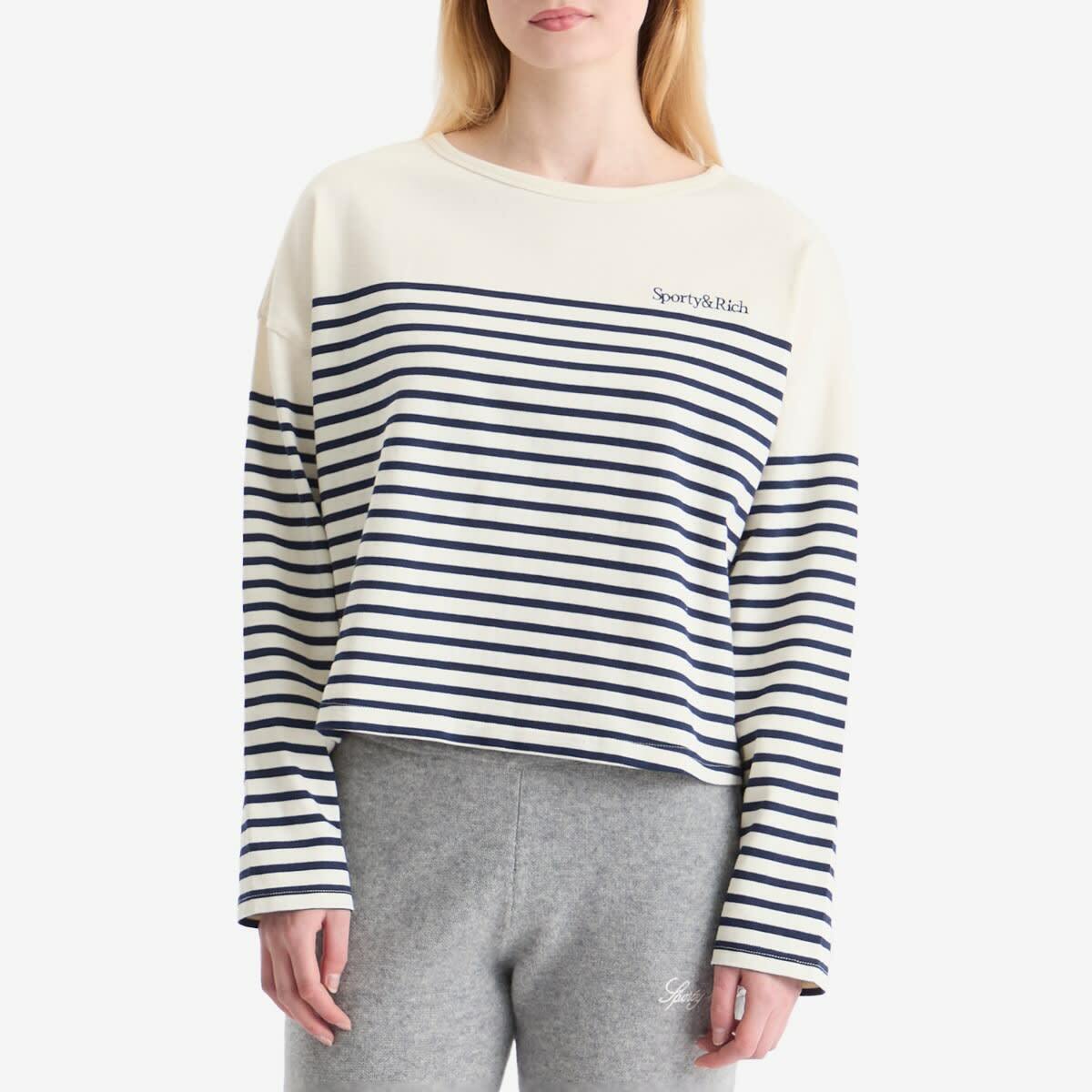 Sporty & Rich Women's Serif Logo Mariniere Sweater in Off White/Navy Strip Navy