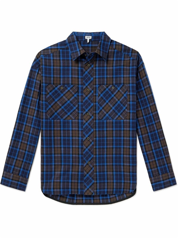 Photo: LOEWE - Leather-Trimmed Checked Cotton-Flannel Shirt - Blue