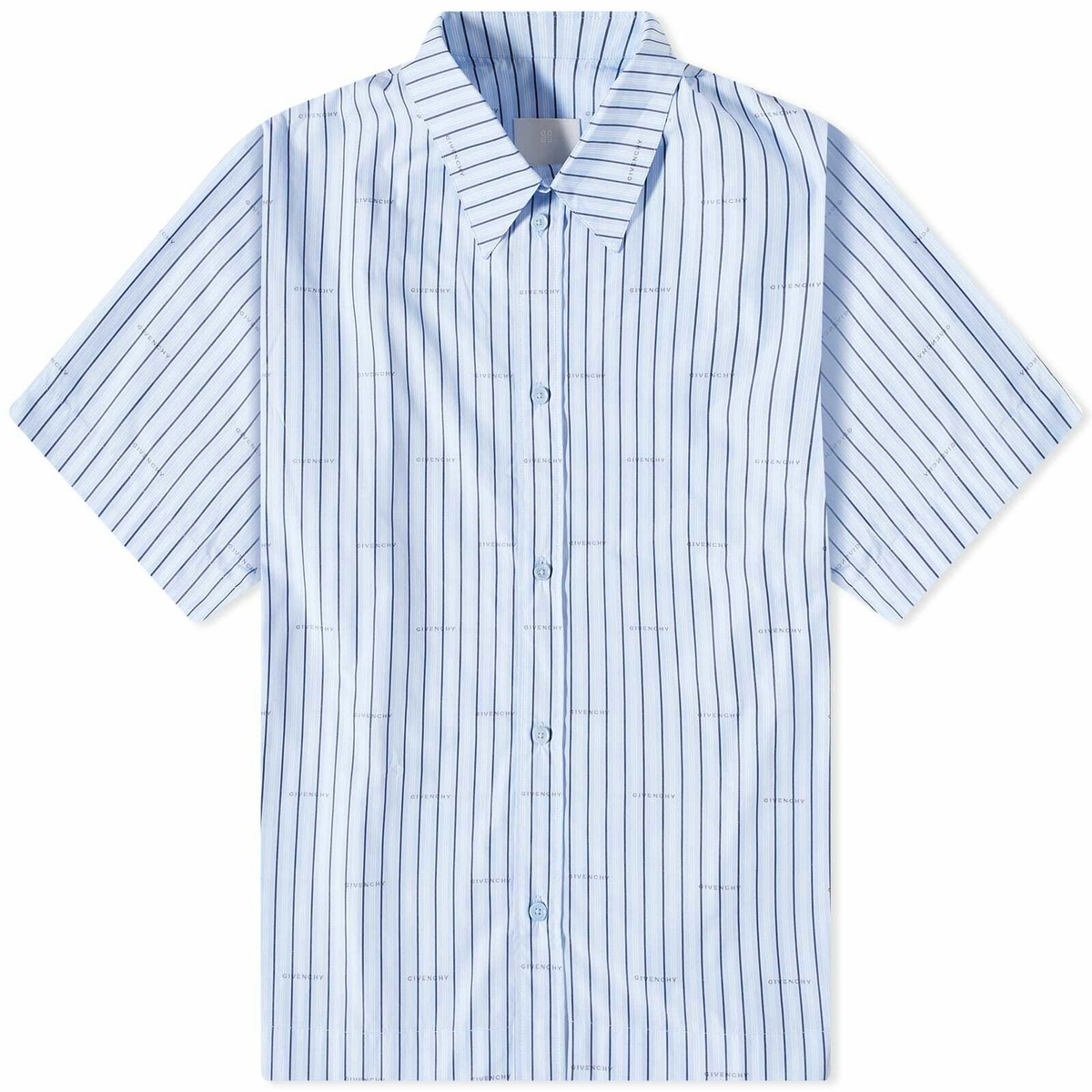 Givenchy Men's Repeat Logo Short Sleeve Stripe Shirt in Baby Blue Givenchy