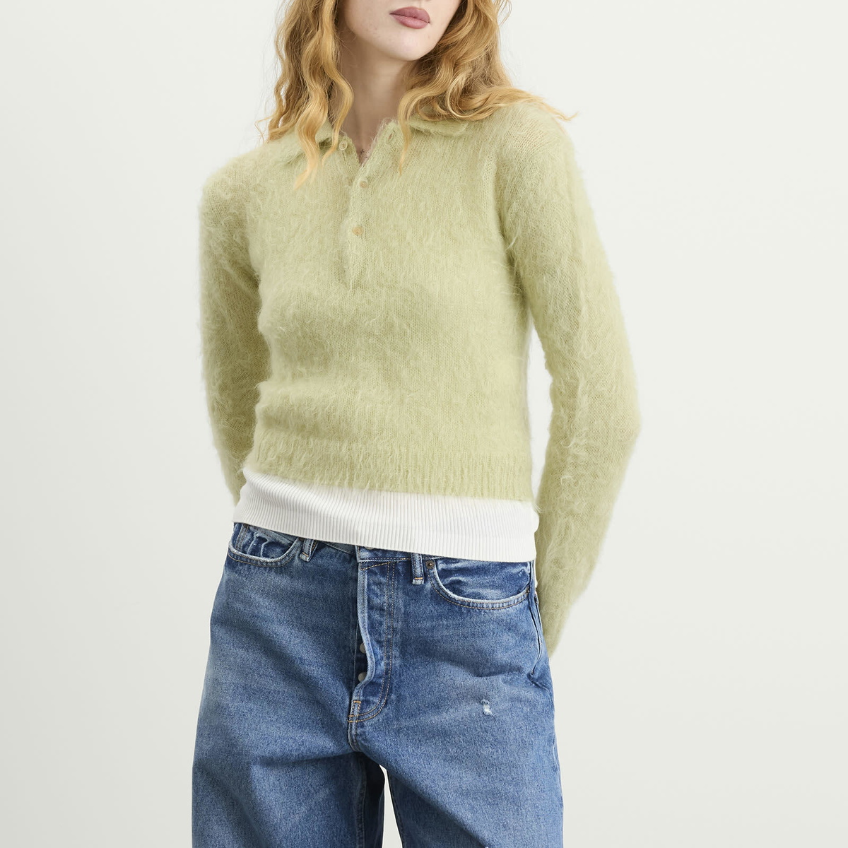 Auralee Women's Mohair Knit Polo in Light Khaki