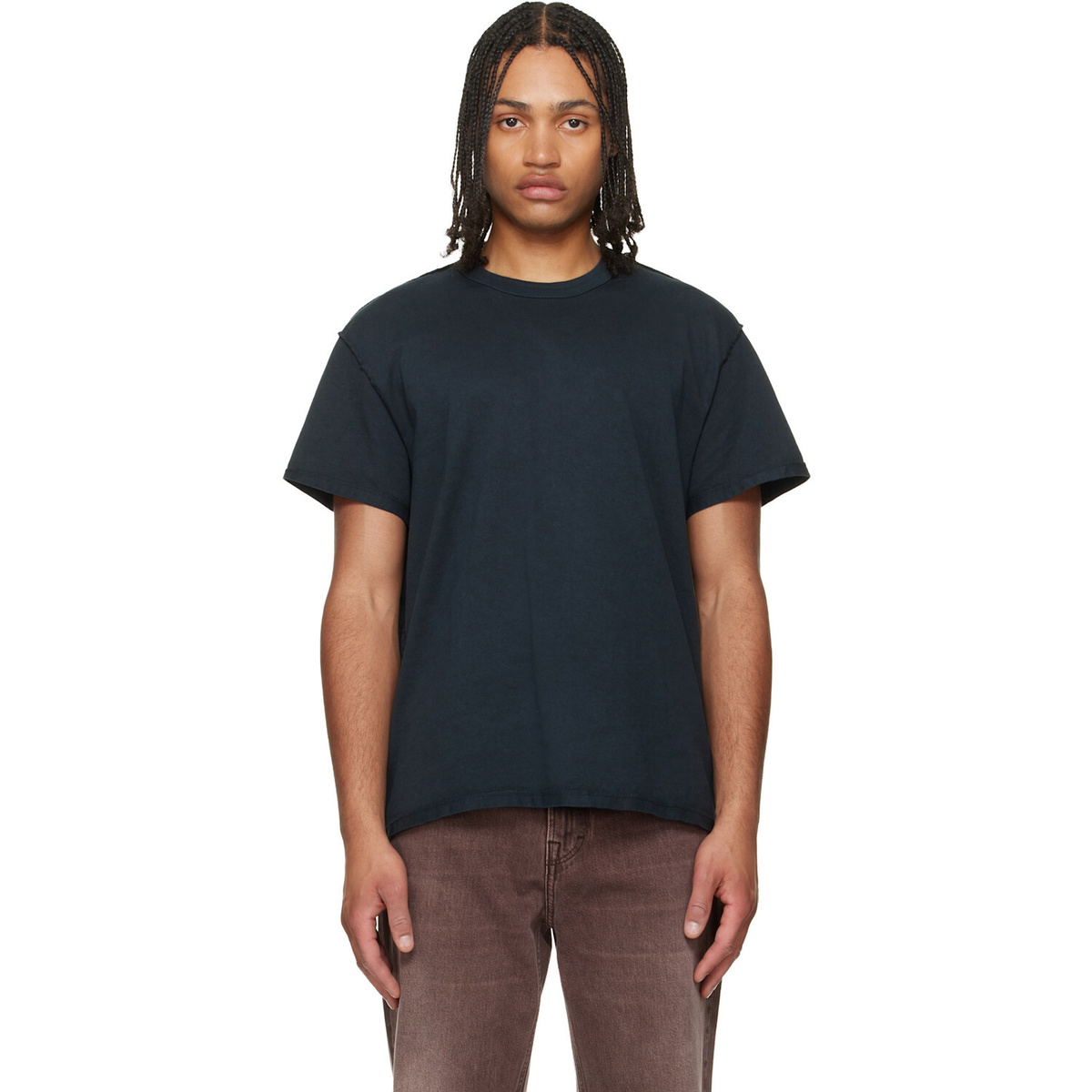 Les Tien Black Lightweight Binded Neck Inside Out T-shirt
