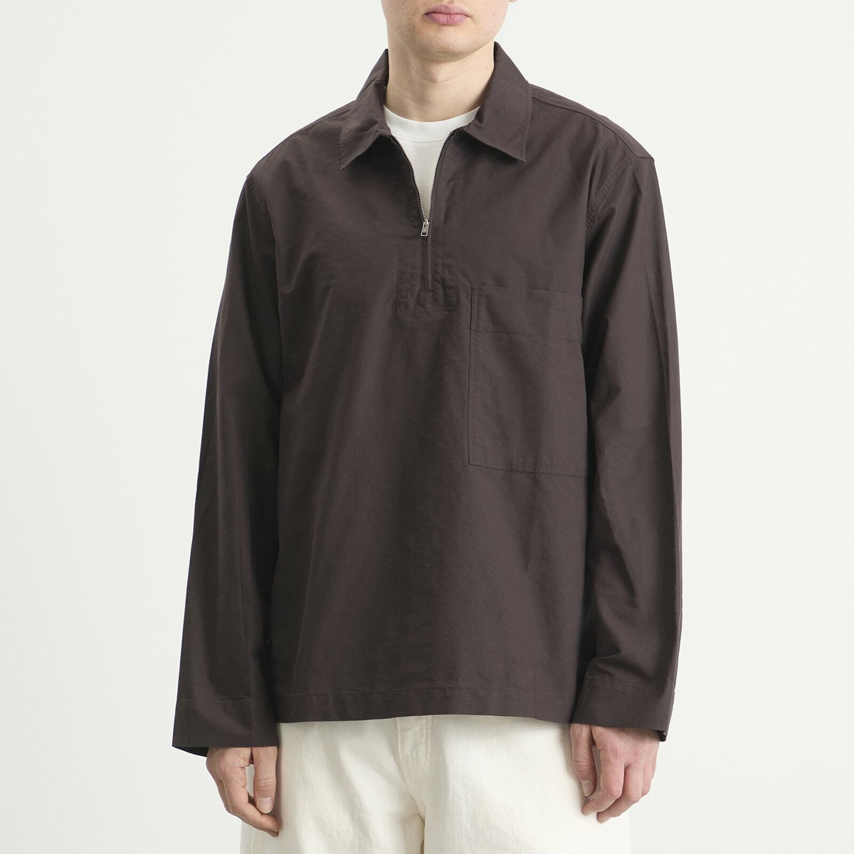 MHL by Margaret Howell Men's Long Sleeve Half Zip Pull On Shirt in Earth