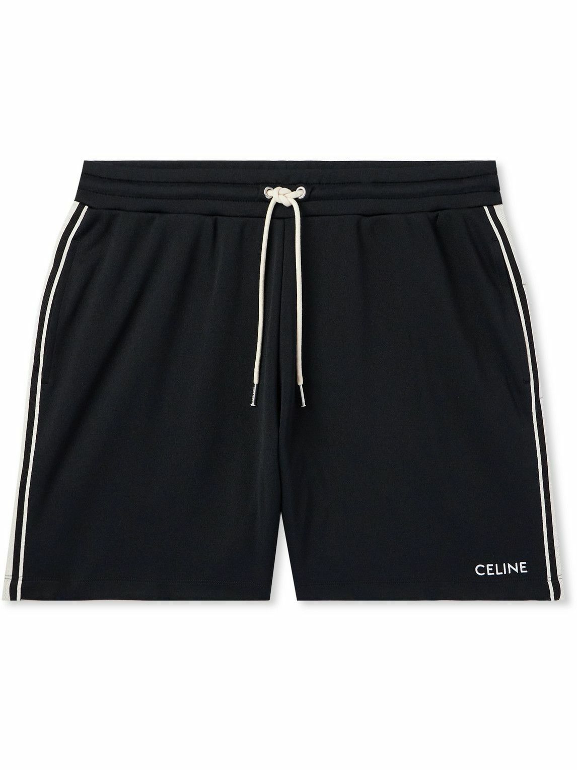 CELINE - Straight-Leg Logo-Embroidered Striped Jersey Drawstring Shorts - Black