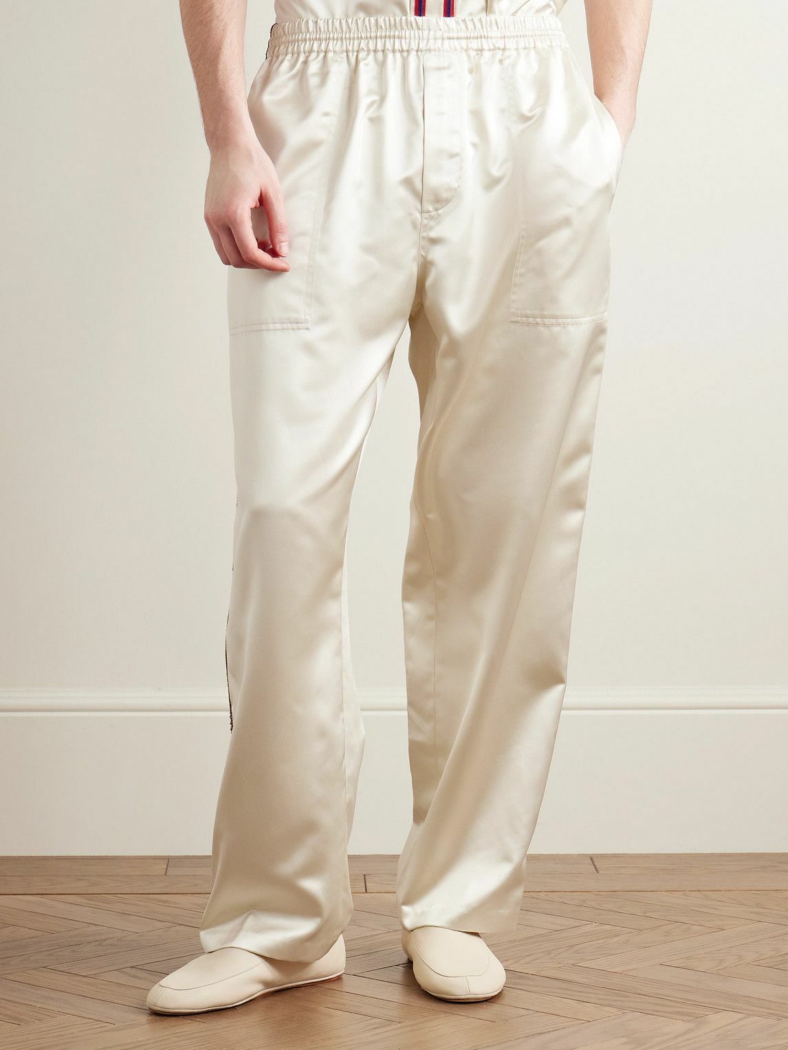 BODE - Candyfloss Straight-Leg Embroidered Voile-Trimmed Satin Track Pants - Neutrals