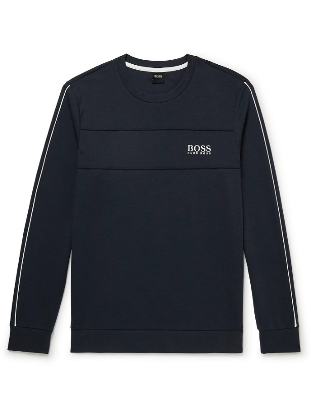 Photo: HUGO BOSS - Logo-Embroidered Tech Cotton-Blend Jersey Sweatshirt - Blue