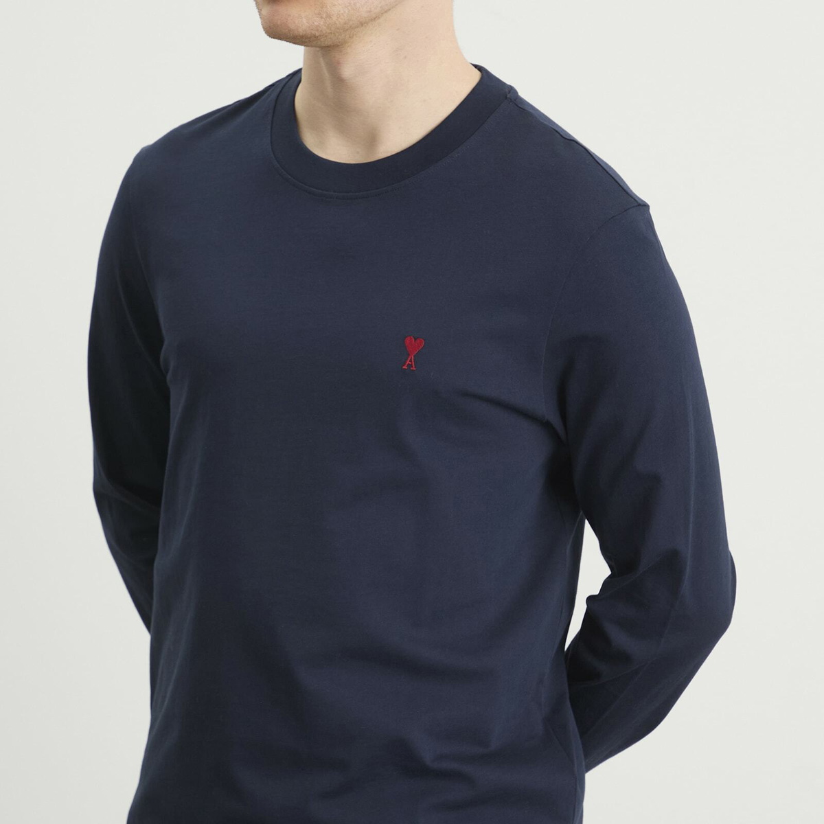 AMI Paris Men's Red Ami De Coeur Long Sleeve T-Shirt in Bleu Nuit
