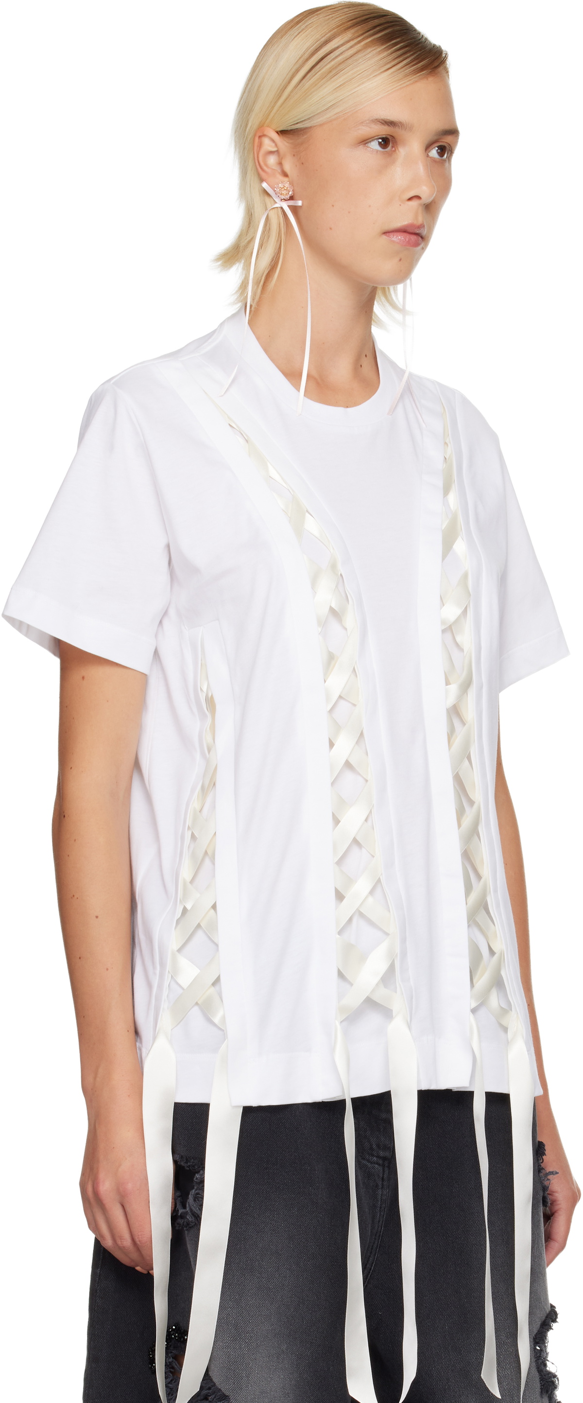 Simone Rocha White Unraveling Ribbon T-shirt Simone Rocha