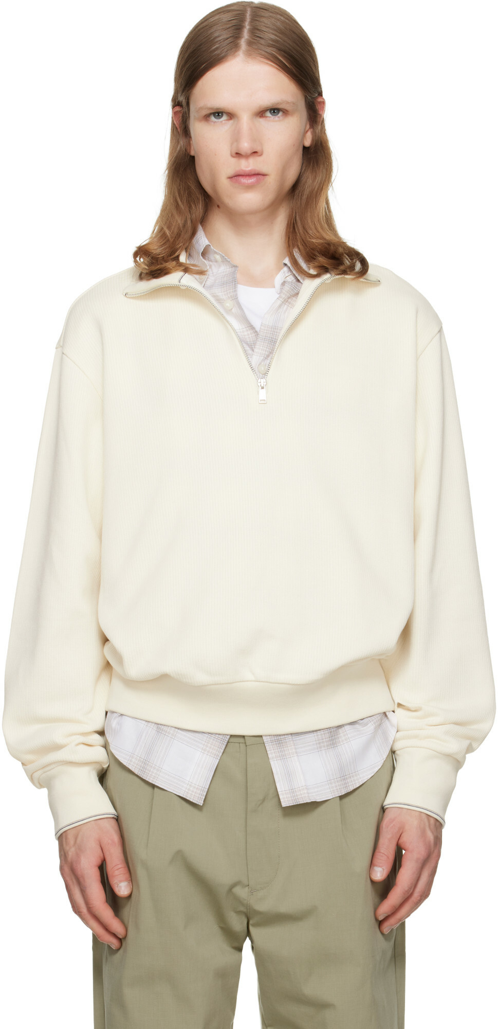 BOSS Off-White Zipper Neck Structured Cotton Sweatshirt