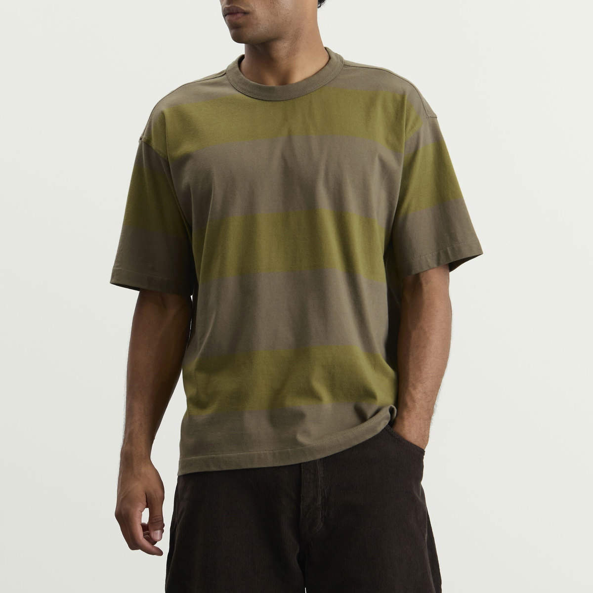 YMC Men's Triple Wide Stripe T-Shirt in Green Multi