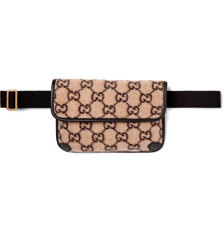 Photo: Gucci - Leather-Trimmed Monogrammed Brushed Wool-Blend Belt Bag - Brown