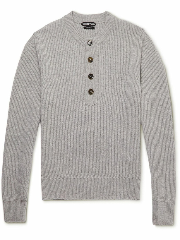 Photo: TOM FORD - Ribbed Cashmere and Linen-Blend Henley Sweater - Gray
