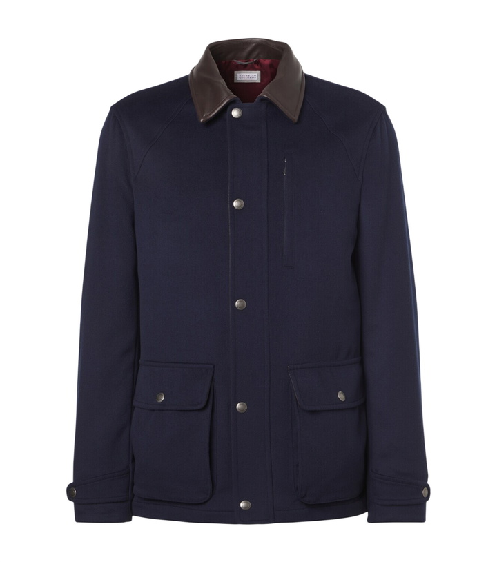 Photo: Brunello Cucinelli Leather-trimmed wool jacket