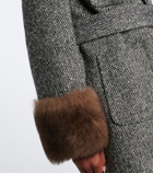 Valentino Herringbone shearling-trimmed wool-blend coat