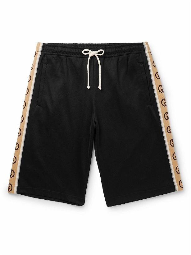 Photo: GUCCI - Wide-Leg Logo-Jacquard Webbing-Trimmed Tech-Jersey Drawstring Shorts - Black