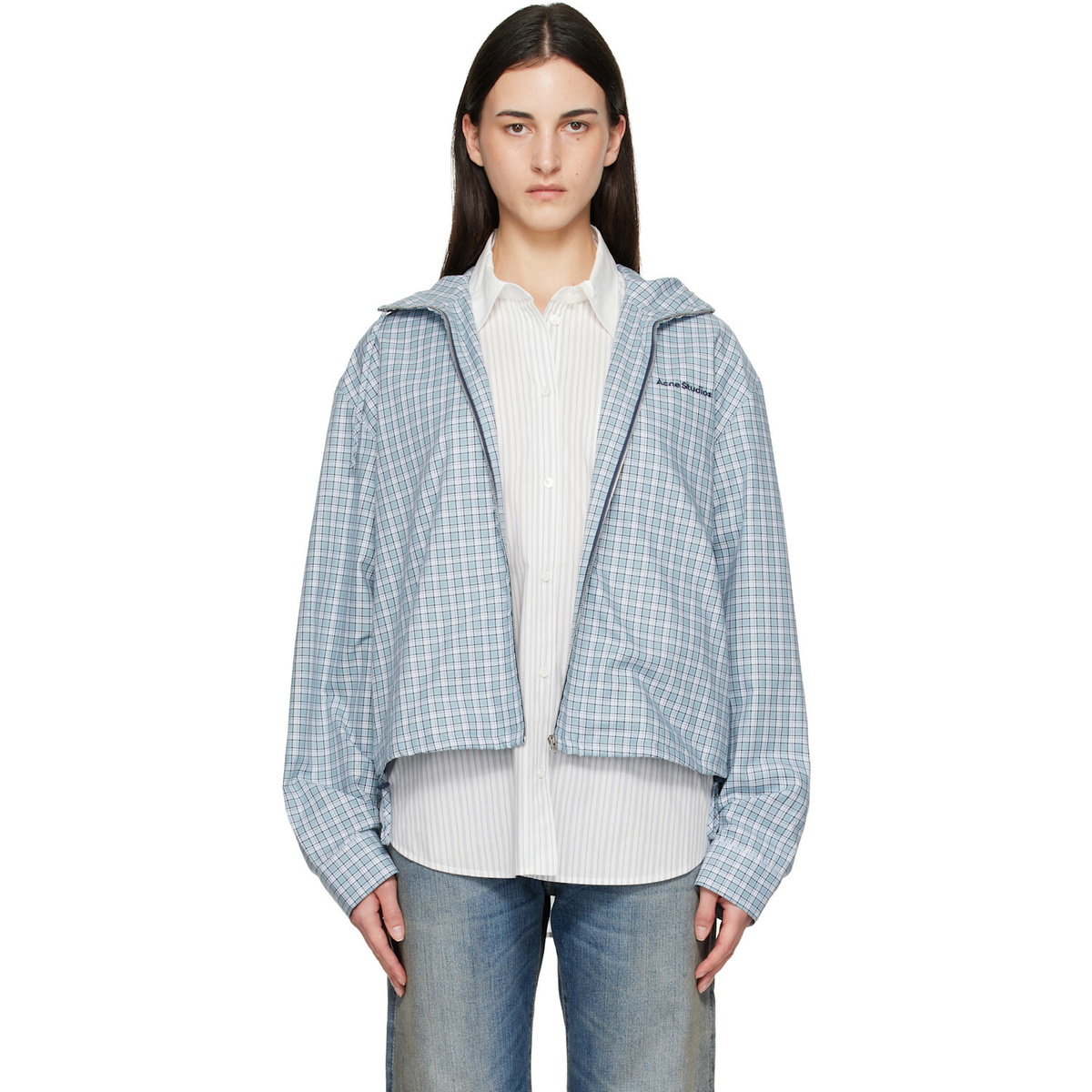Acne Studios Blue Hooded Check Jacket