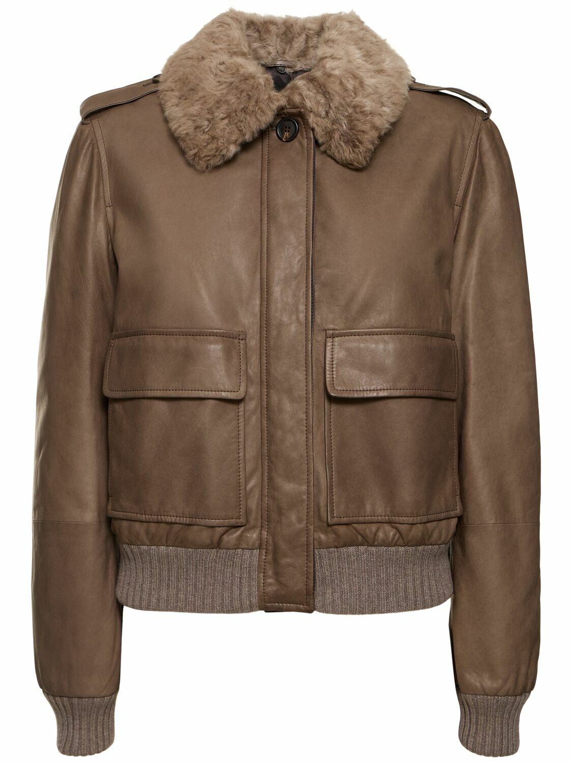 ジャケット BRUNELLO CUCINELLI Women Jackets ML1427261LI C273 BROWN BRUNELLO CUCINELLI Shearling-Trimmed Leather Jacket in Brown