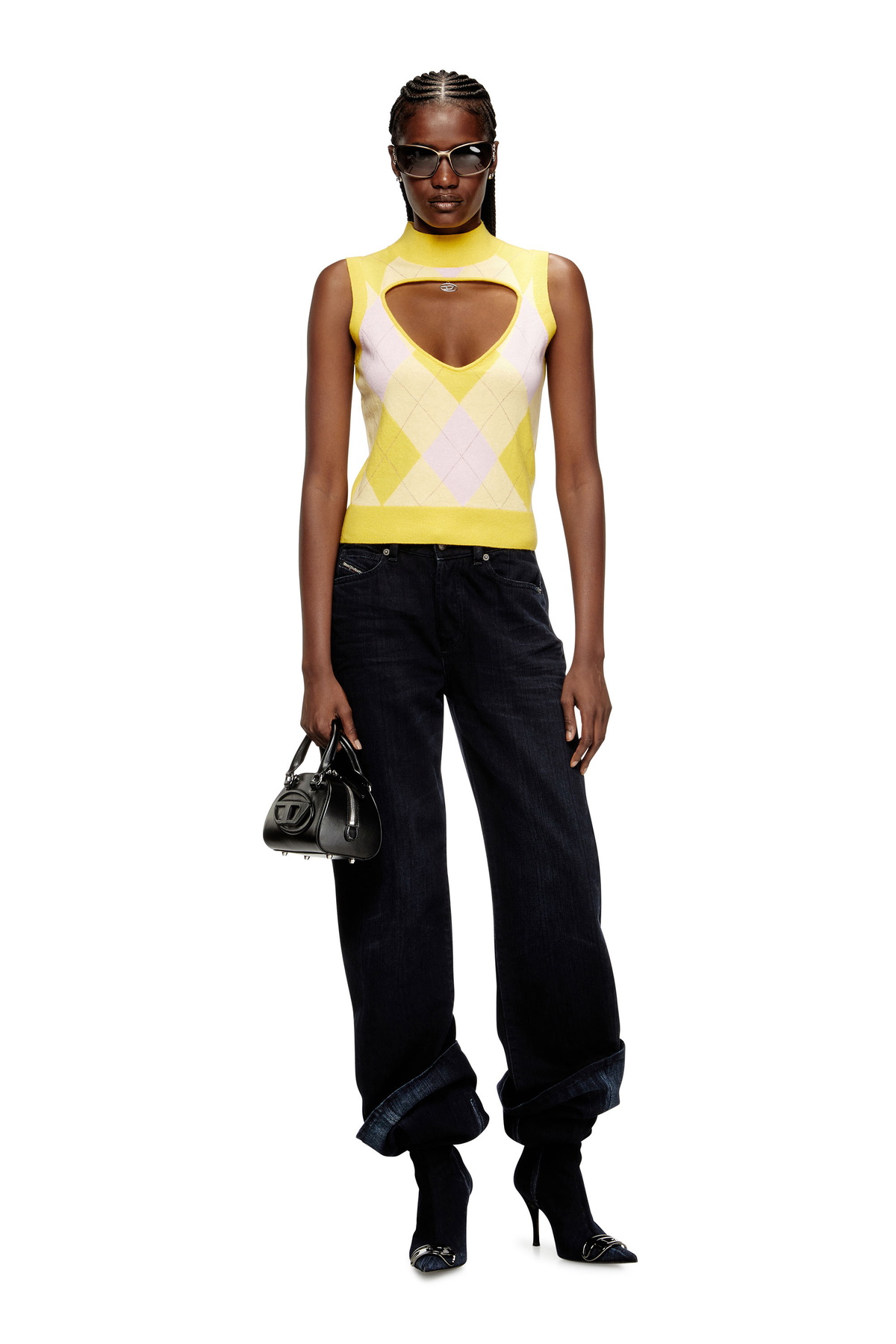Diesel Cut-out turtleneck vest in argyle wool - T-Shirts Womens in Yellow