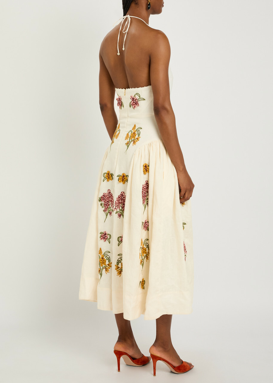 Agua BY Agua Bendita Balsa Floral-embroidered Linen Midi Dress Multicoloured