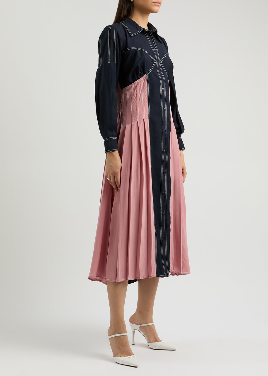 Lovebirds Colour-blocked Silk and Twill Midi Shirt Dress Navy