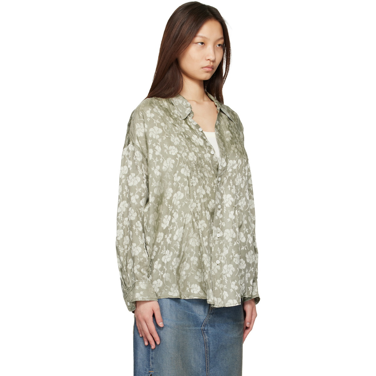 R13 Khaki Pintuck Drop Neck Shirt