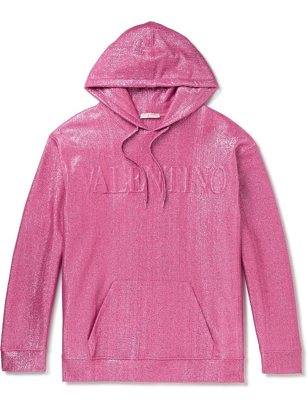 Photo: Valentino - Logo-Embossed Metallic Cotton-Blend Jersey Hoodie - Pink