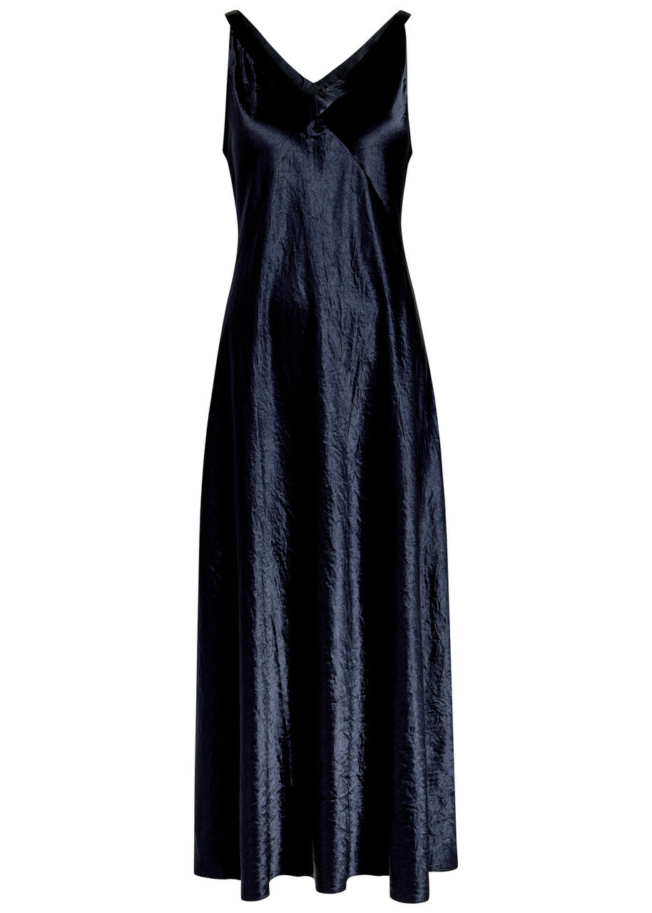 Eileen Fisher Crinkled Satin Midi Dress Dark Blue