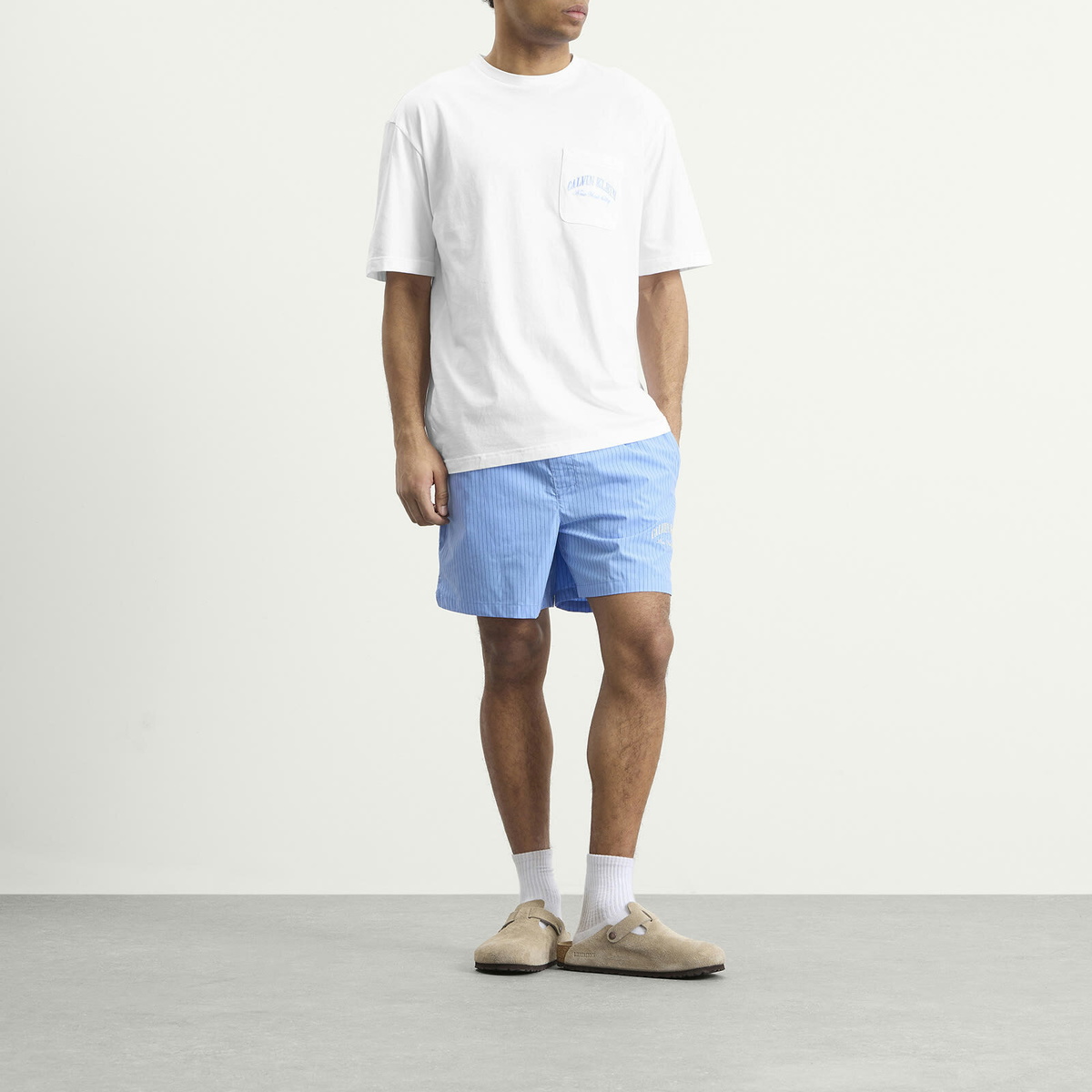 Calvin Klein Men's Heritage Crest Cotton Poplin Pyjama Short Set in White/Slim Stripe Blue Descent