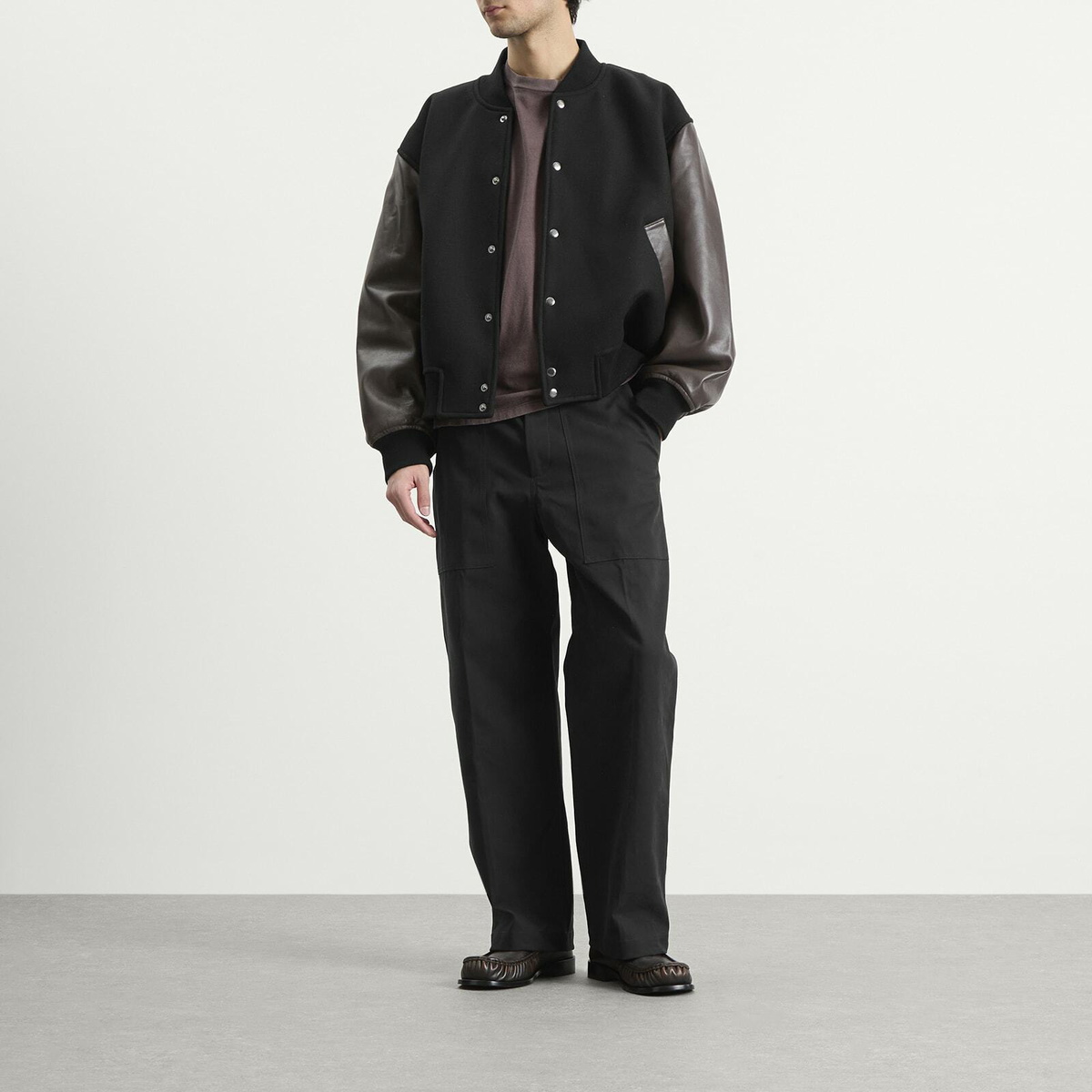 Studio Nicholson Men's Alph Leather Wool Varsity Bomber Jacket in Black/Cocoa